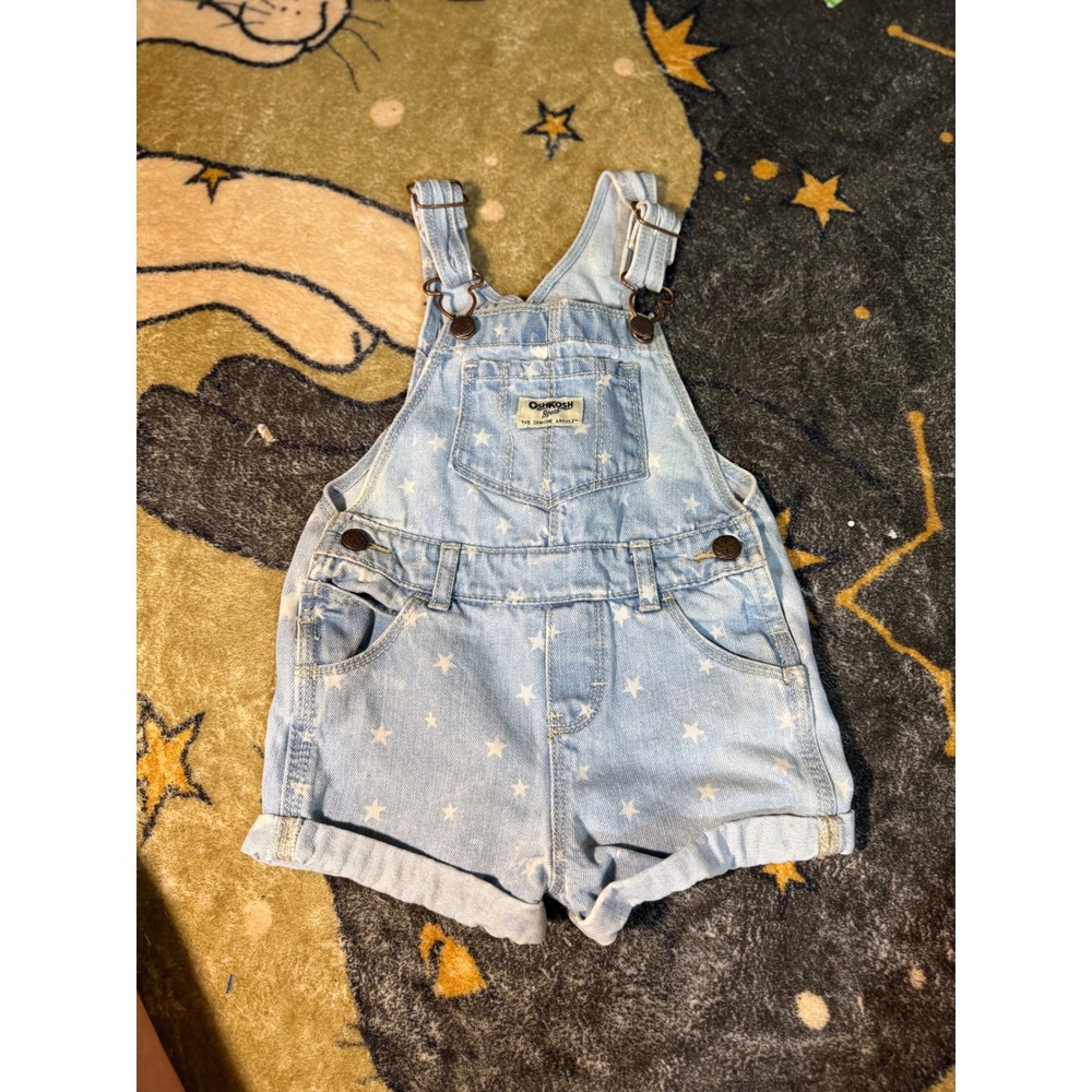 OshKosh Bgosh Toddler 18M Star Print Denim Vestbak Shortalls Light‎ Wash Blue